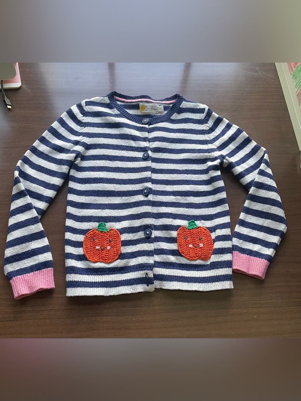 Mini Boden Navy & White Striped Cardigan with Orange Pumpkin Pockets